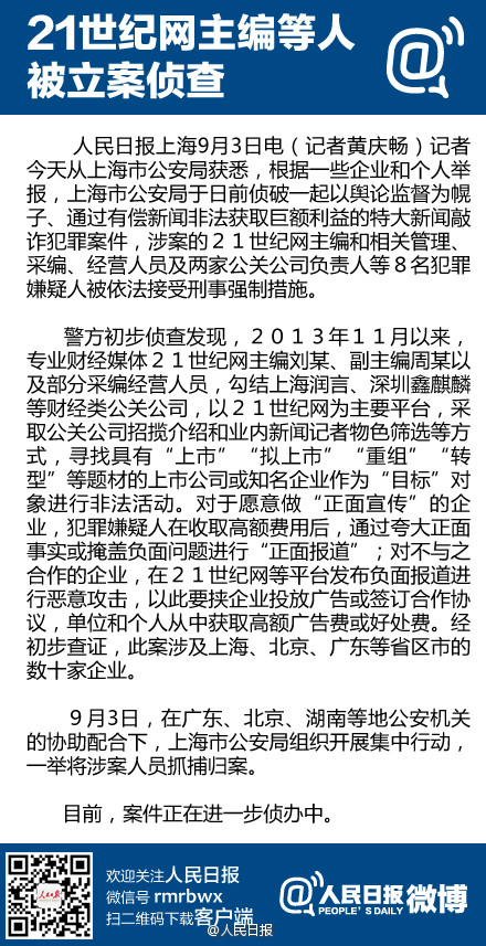 上海偵破特大新聞敲詐案：21世紀(jì)網(wǎng)主編等8人被抓捕