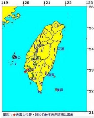 臺灣南部淩晨1：22發(fā)生芮氏5.6級地震 3人輕傷