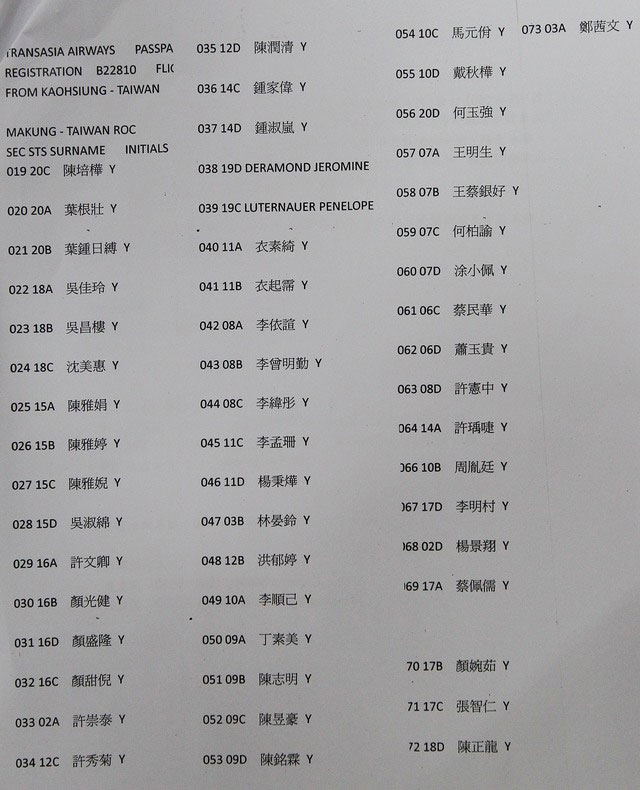 臺灣復(fù)興航空公佈失事客機(jī)乘客名單