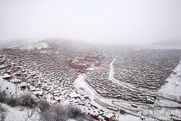 昨天，四川省甘孜藏族自治州出現(xiàn)降雪，一片銀裝素裹。（圖片來源：新浪微博）